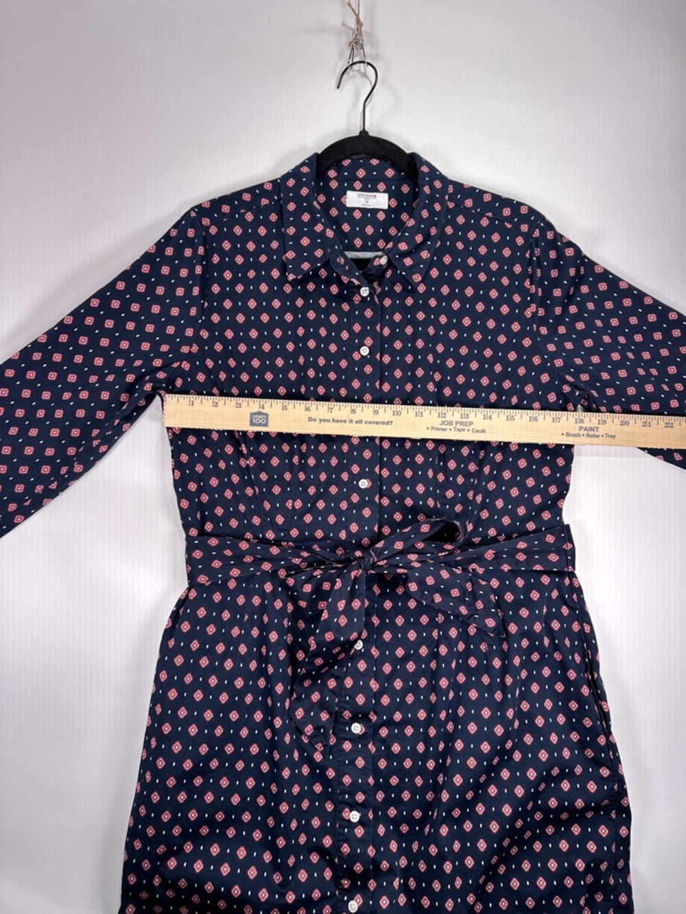 UNTUCKit Marie Shirt Dress Belted Button Front Geometric Navy Size 10 - Picture 11 of 13